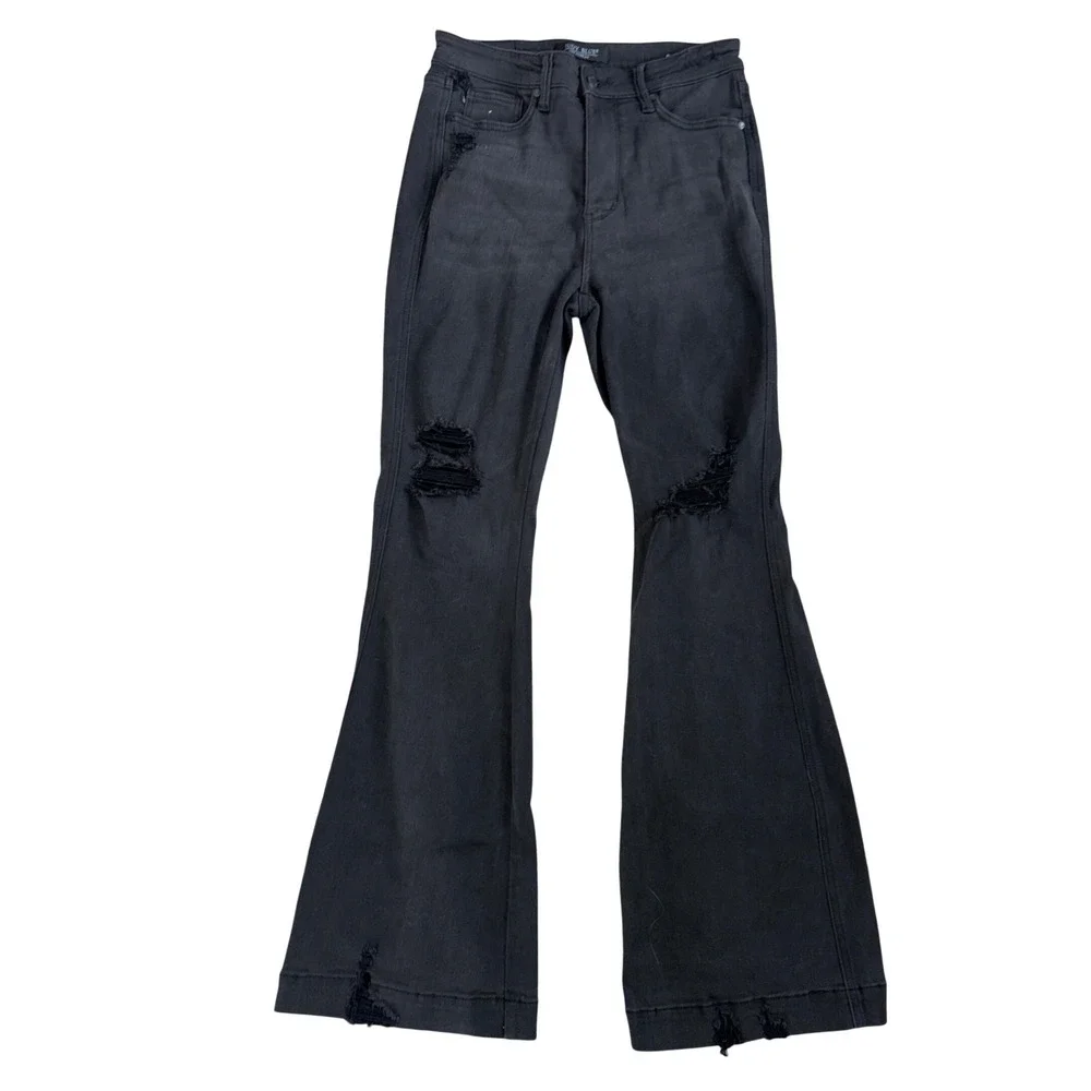Judy Blue Los Angeles Washed Black High Rise Distressed Flare Jeans Womens 9/29